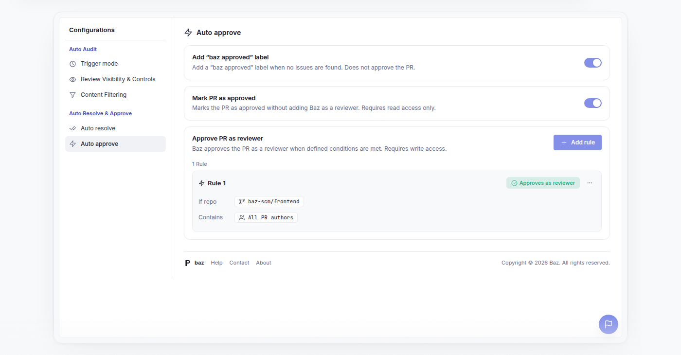 The Configurations screen in Baz