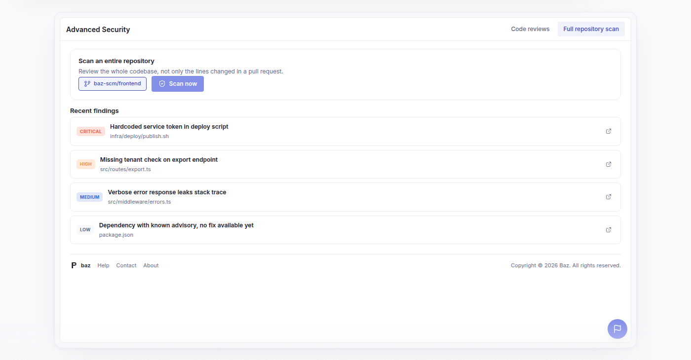 The Full repository scan tab of the Advanced Security agent